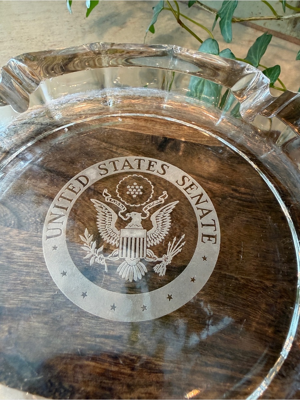 Vintage United States Senate Etched Glass Ashtray – Heavy Clear Crystal Tobaccia